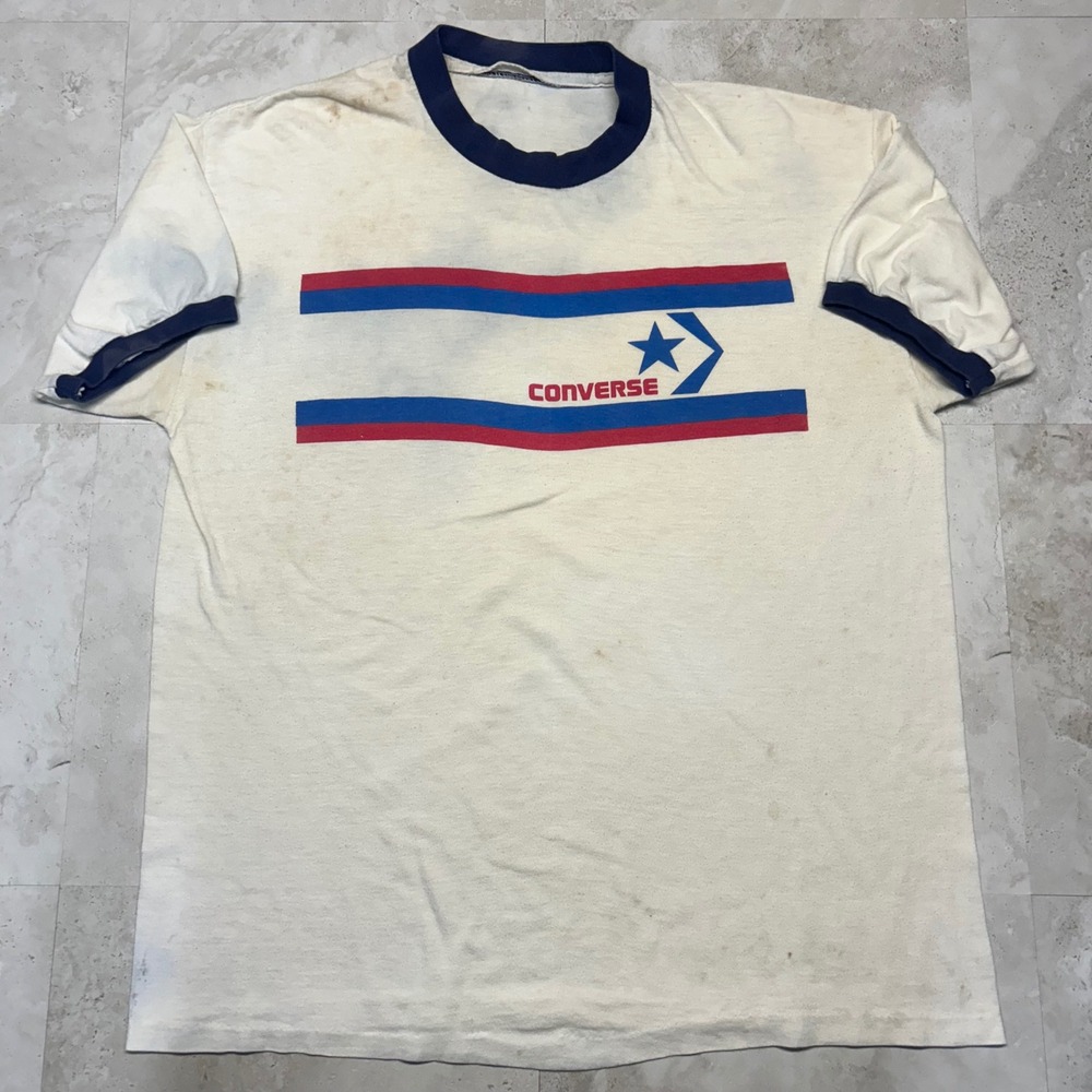 Converse Vintage Ringer T-Shirt Cream Navy Blue XL 80s Distressed Sportswear Tee